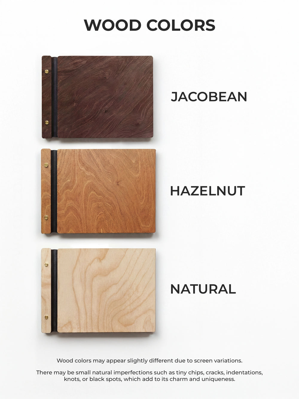 Wood color chart for the photo guest book covers: Jacobean, Hazelnut and Natural