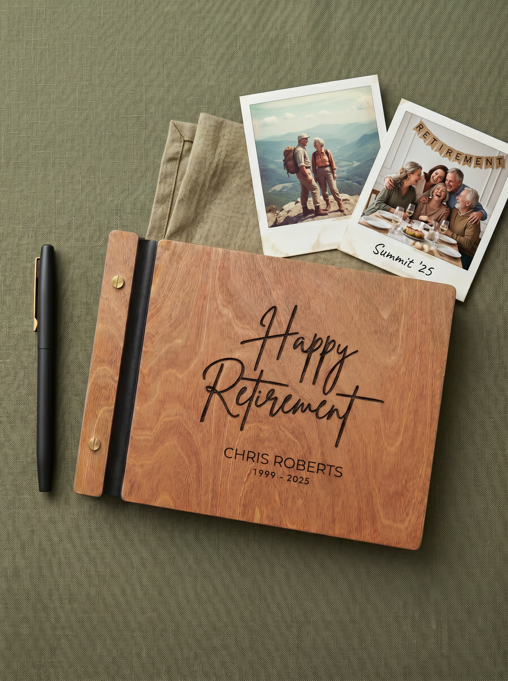 Happy Retirement photo guest book with a Hazelnut wood cover, vegan leather spine and screw posts