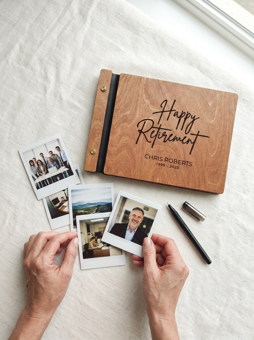 Happy Retirement photo guest book with a Hazelnut wood cover, vegan leather spine and screw posts
