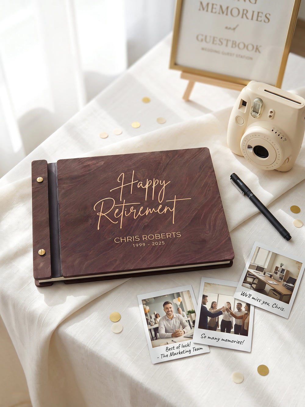 Happy Retirement photo guest book with a Jacobean wood cover, vegan leather spine and screw posts