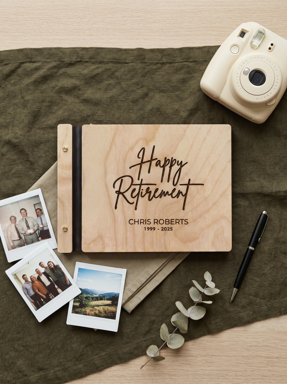 Happy Retirement photo guest book with a Natural wood cover, vegan leather spine and screw posts