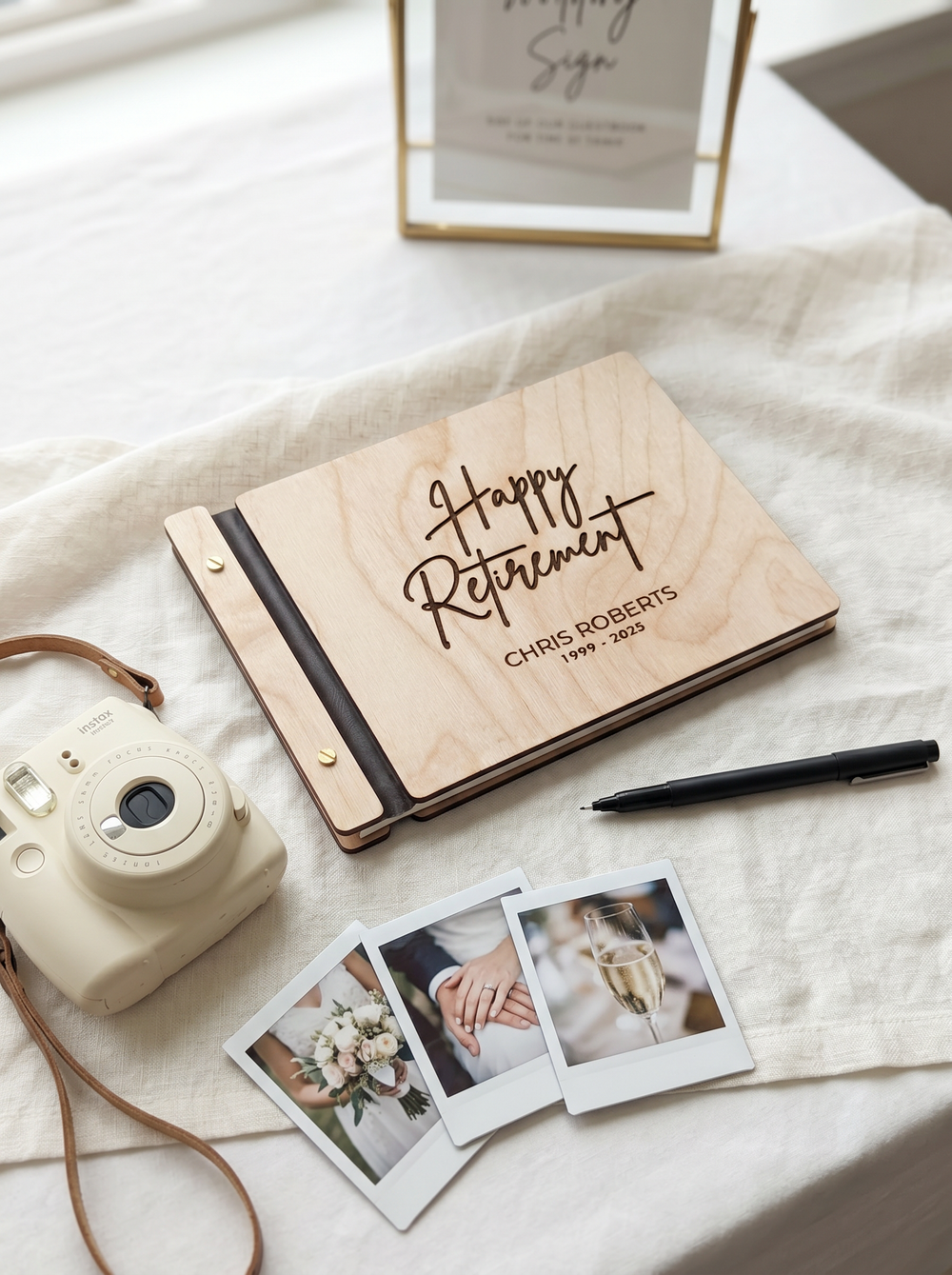 Happy Retirement photo guest book with a Natural wood cover, vegan leather spine and screw posts
