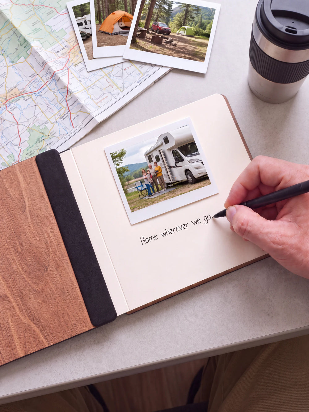 An open Hazelnut album with a photograph on a cream page. A hand writes a memory beneath it; a flat black fabric strip runs along the inner wooden cover.