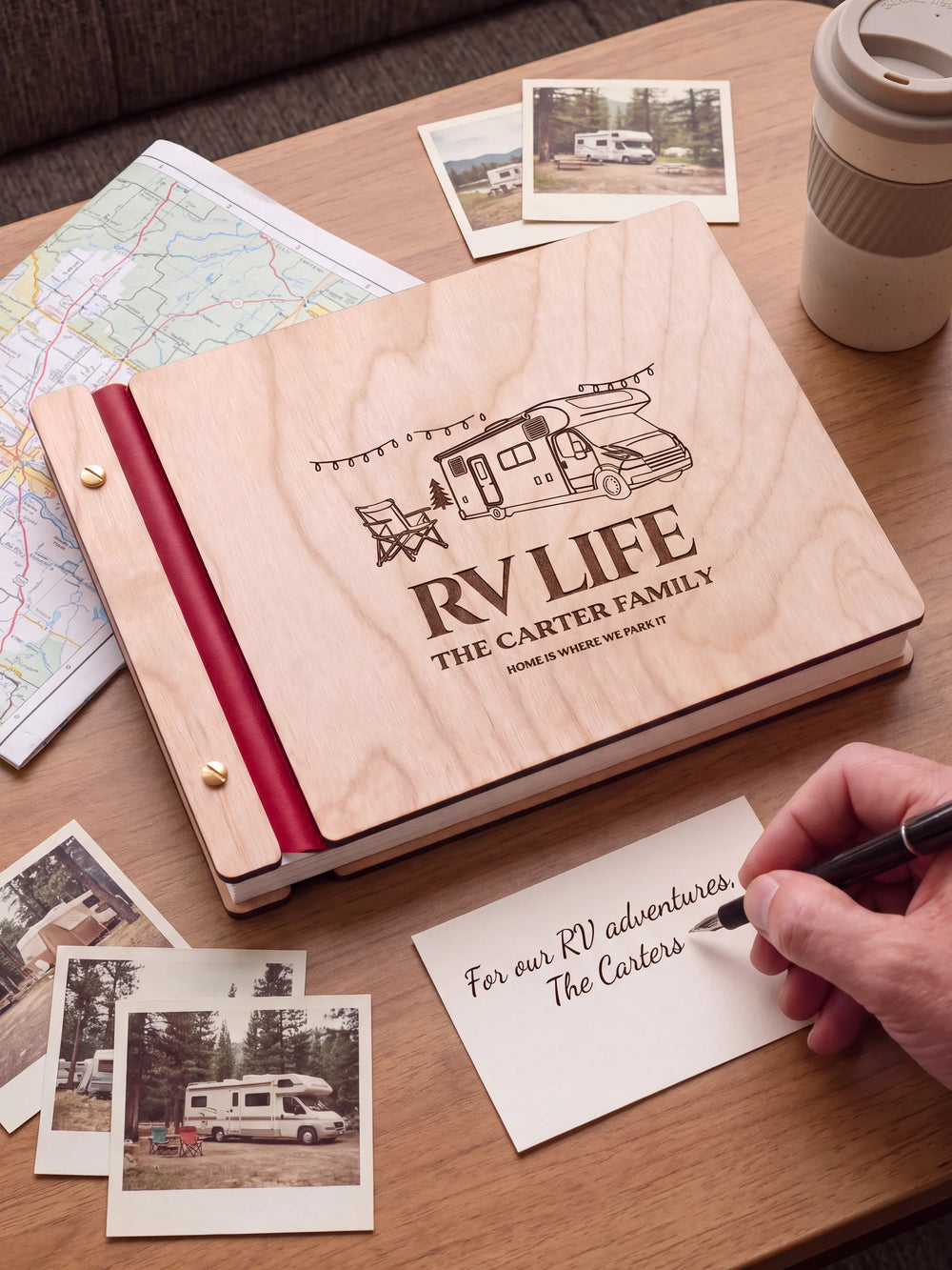 A Natural wooden album with the RV LIFE engraving, cherry red binding and gold screws. A hand writes on a separate gift card beside the book.