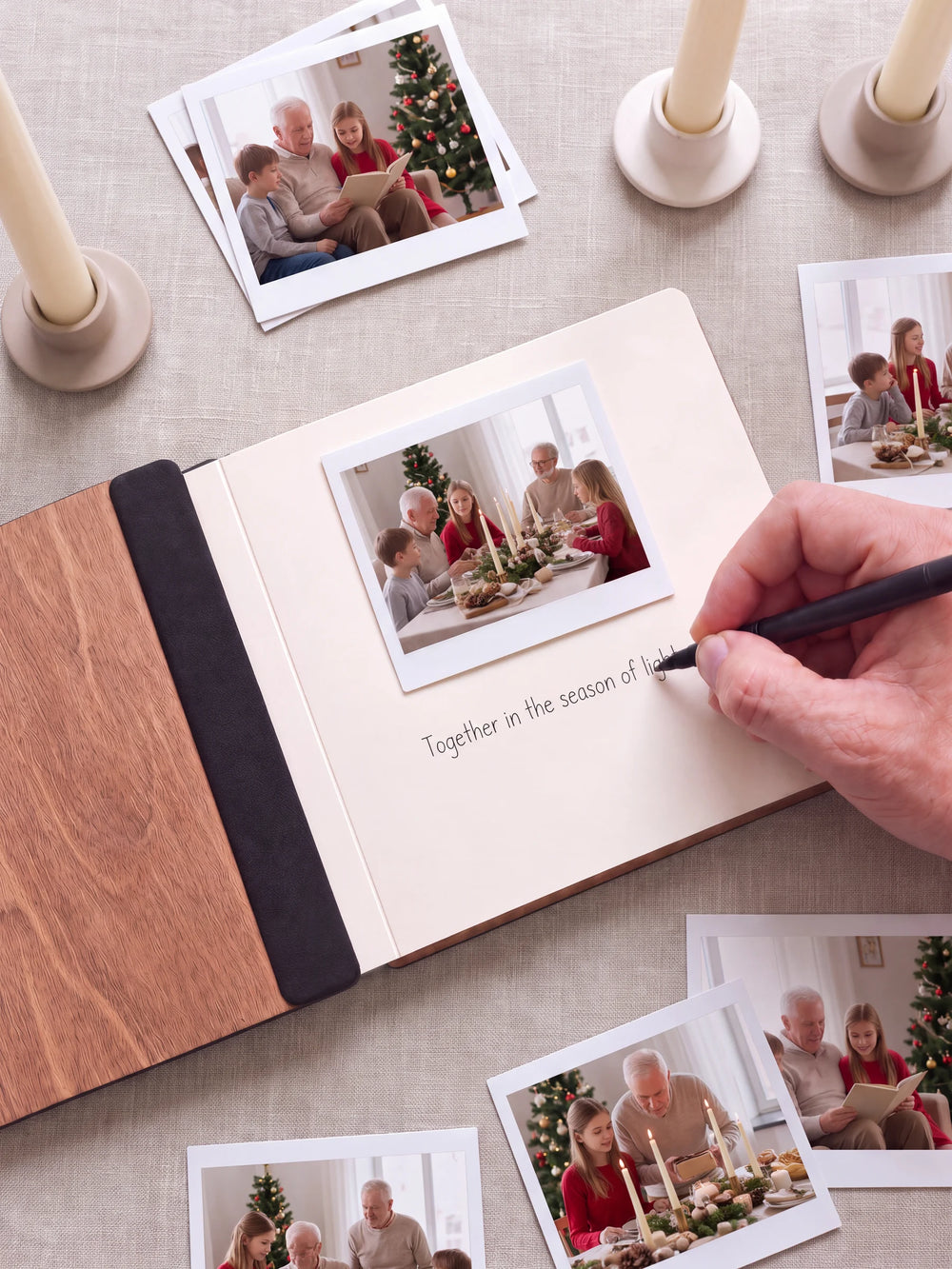 An open Hazelnut album with a photograph on a cream page. A hand writes a memory beneath it; a flat black fabric strip runs along the inner wooden cover.
