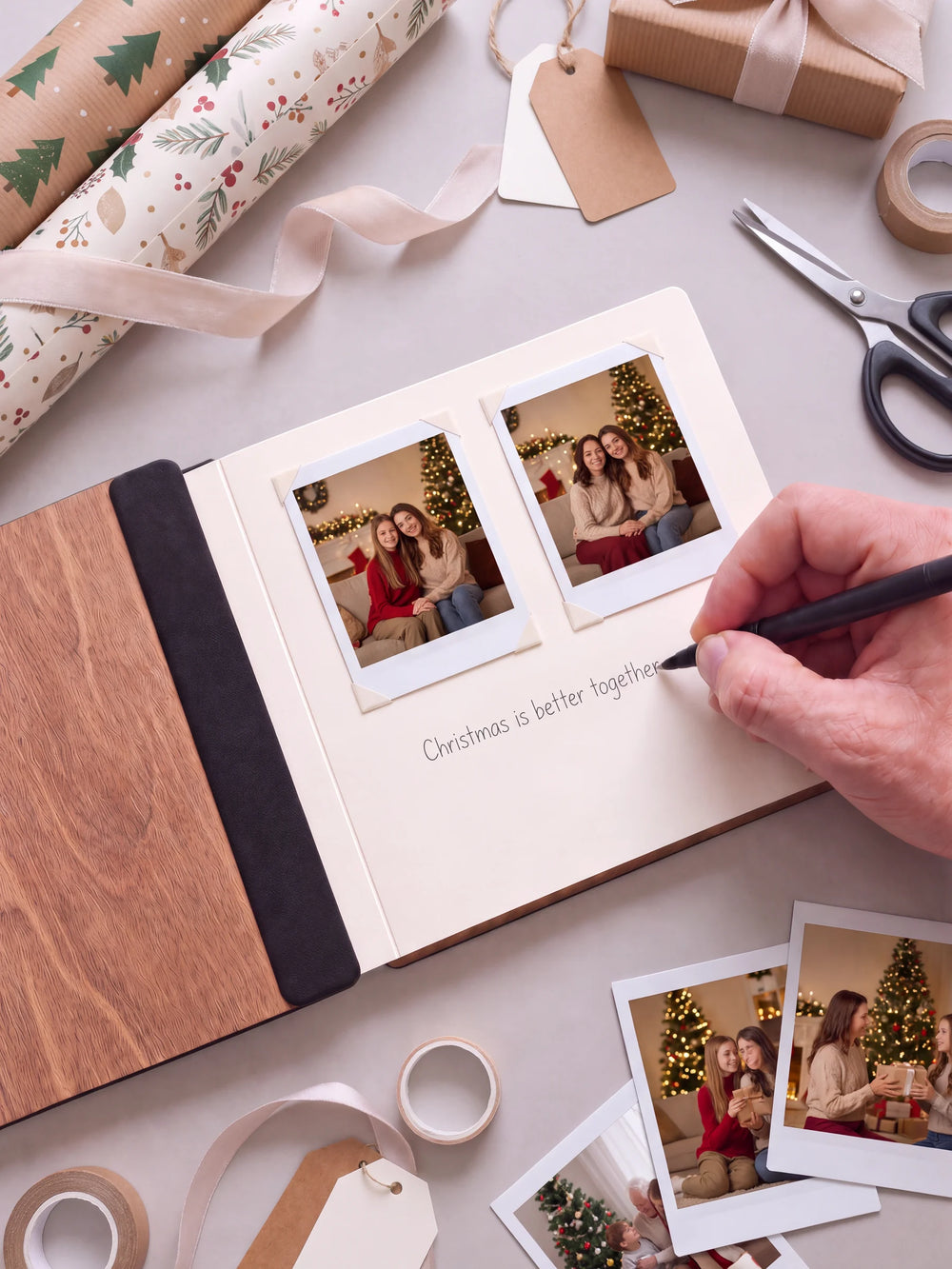 An open Hazelnut album with a photograph on a cream page. A hand writes a memory beneath it; a flat black fabric strip runs along the inner wooden cover.