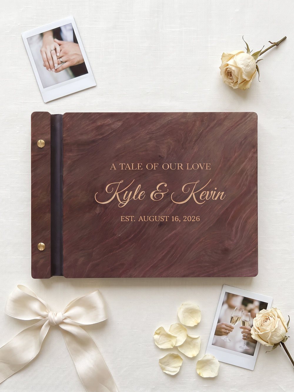 A Tale of Our Love photo guest book with a Jacobean wood cover, vegan leather spine and screw posts