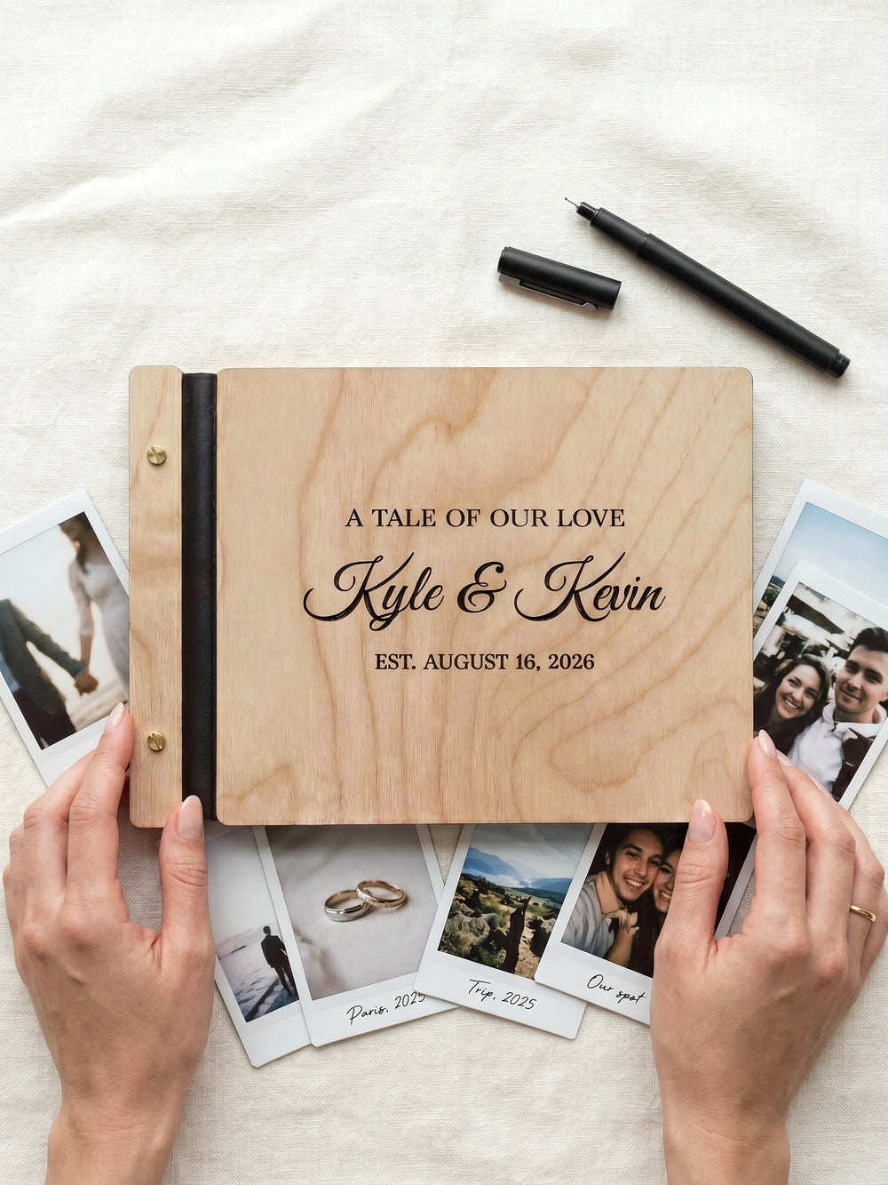 A Tale of Our Love photo guest book with a Natural wood cover, vegan leather spine and screw posts