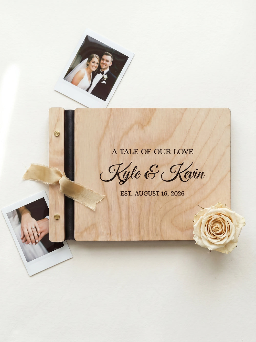 A Tale of Our Love photo guest book with a Natural wood cover, vegan leather spine and screw posts