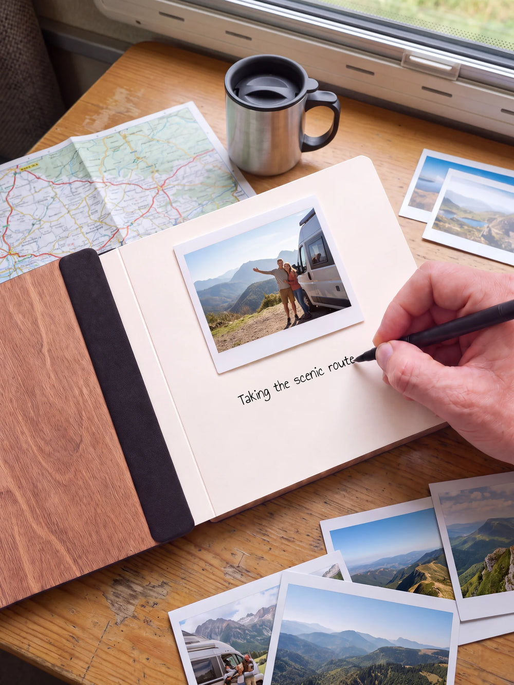 An open Hazelnut album with a photograph on a cream page. A hand writes a memory beneath it; a flat black fabric strip runs along the inner wooden cover.