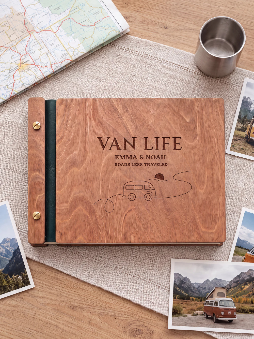 The full Hazelnut VAN LIFE album cover is shown close up. Brown engraved artwork, personalized wording, the narrow binding and gold screws are visible.
