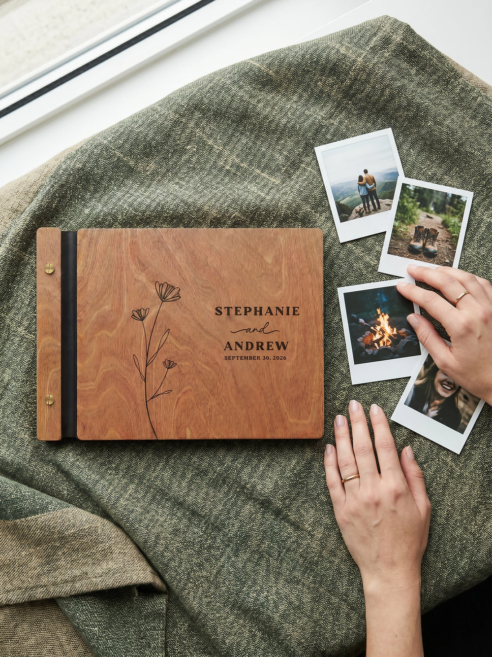 Wildflower wedding photo guest book with a Hazelnut wood cover, vegan leather spine and screw posts