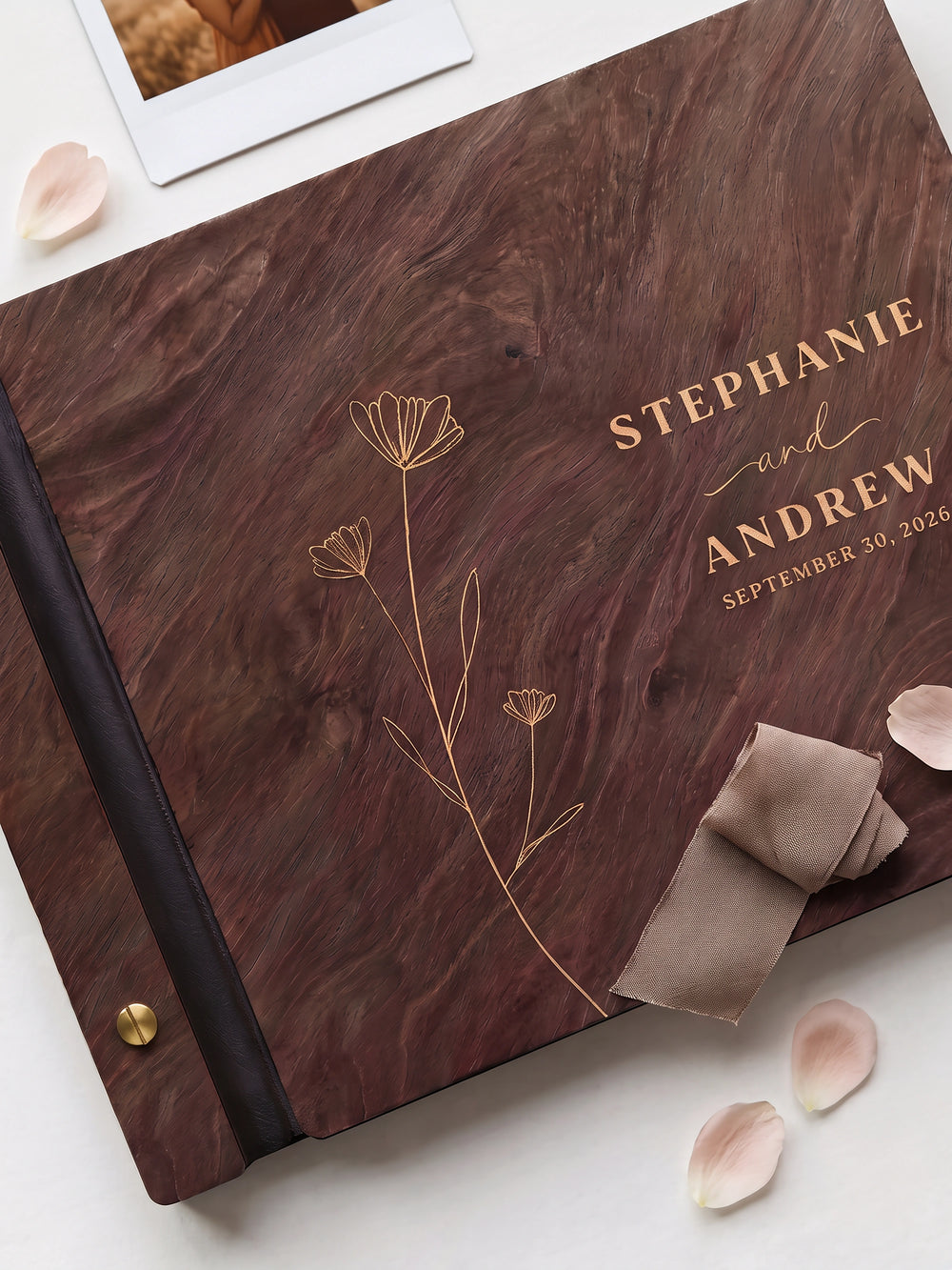 Wildflower wedding photo guest book with a Jacobean wood cover, vegan leather spine and screw posts