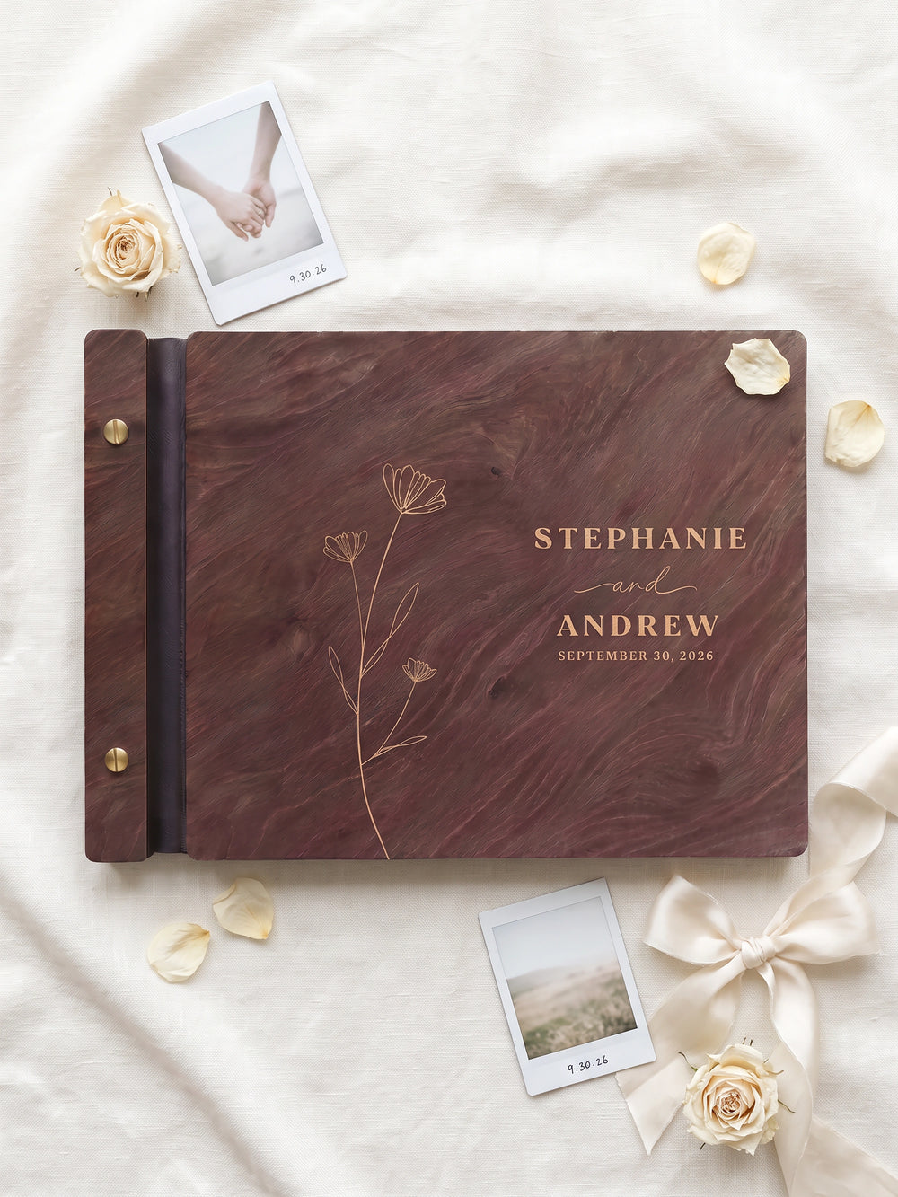 Wildflower wedding photo guest book with a Jacobean wood cover, vegan leather spine and screw posts