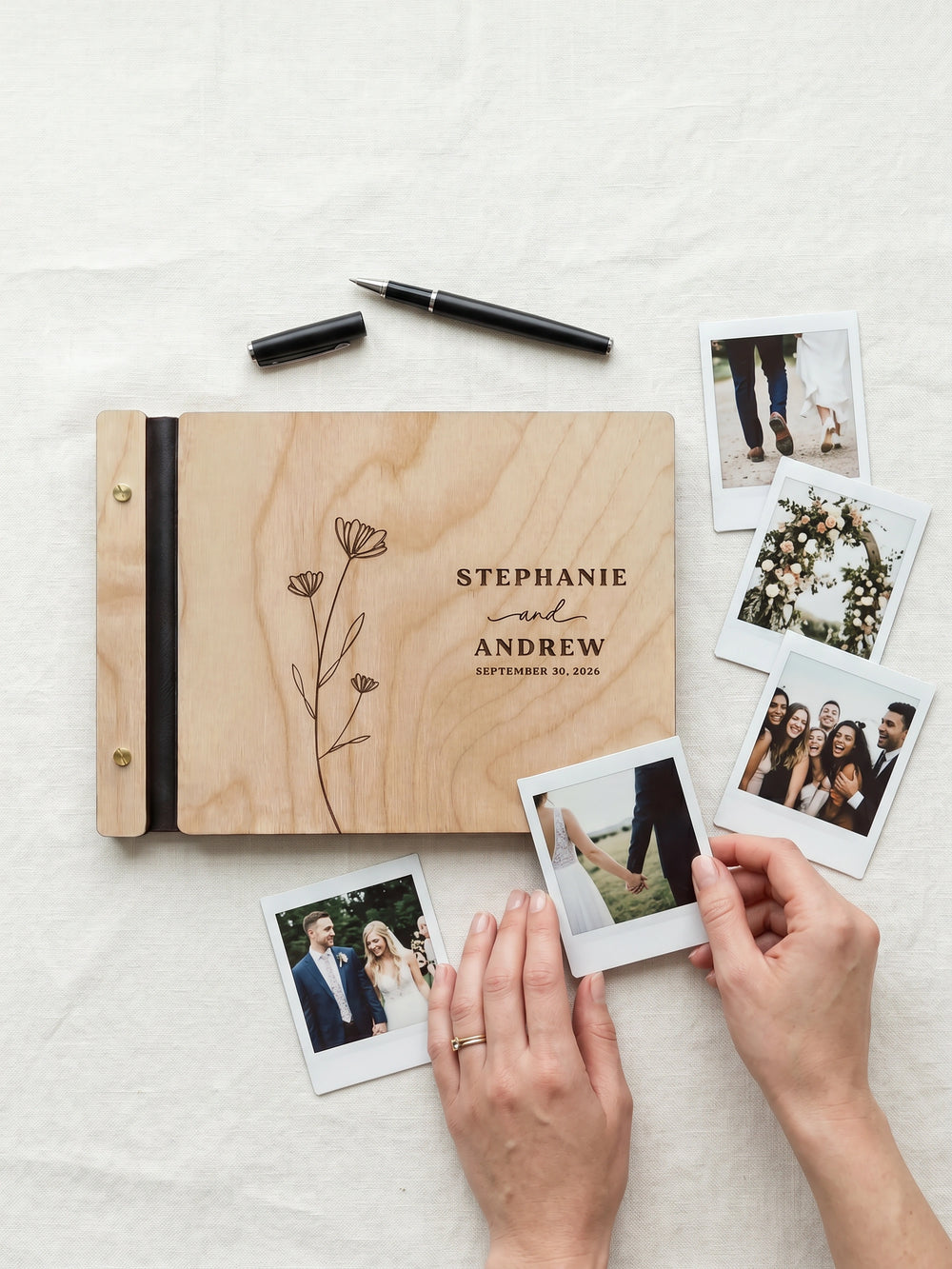 Wildflower wedding photo guest book with a Natural wood cover, vegan leather spine and screw posts