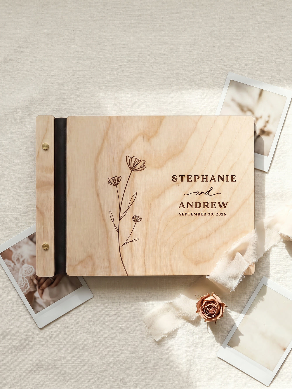 Wildflower wedding photo guest book with a Natural wood cover, vegan leather spine and screw posts