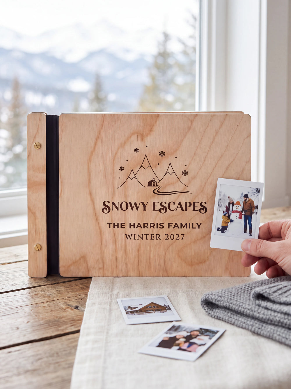 Natural wooden album with dark engraving of snowy mountains, a cabin and snowflakes. A hand holds an instant photo beside the closed cover, with loose snapshots nearby.