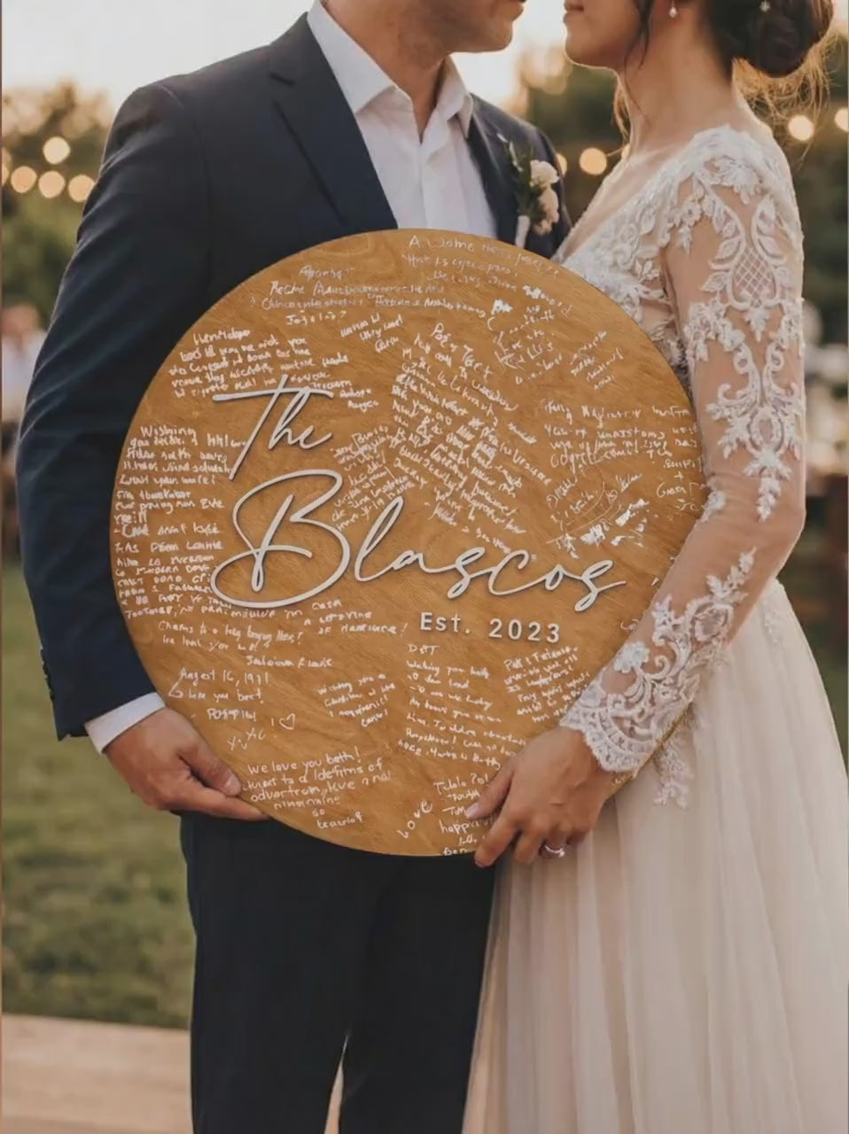 Personalized Round Wood Wedding Guest Book Alternative Sign - Custom Family Name Wedding Gift