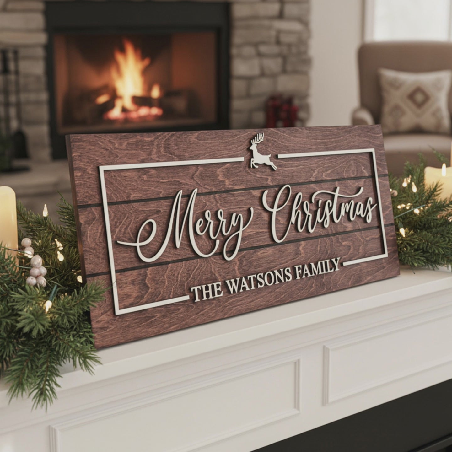 Short video of the Merry Christmas family sign with a reindeer icon and The Watsons Family, on a mantel by a lit fireplace.