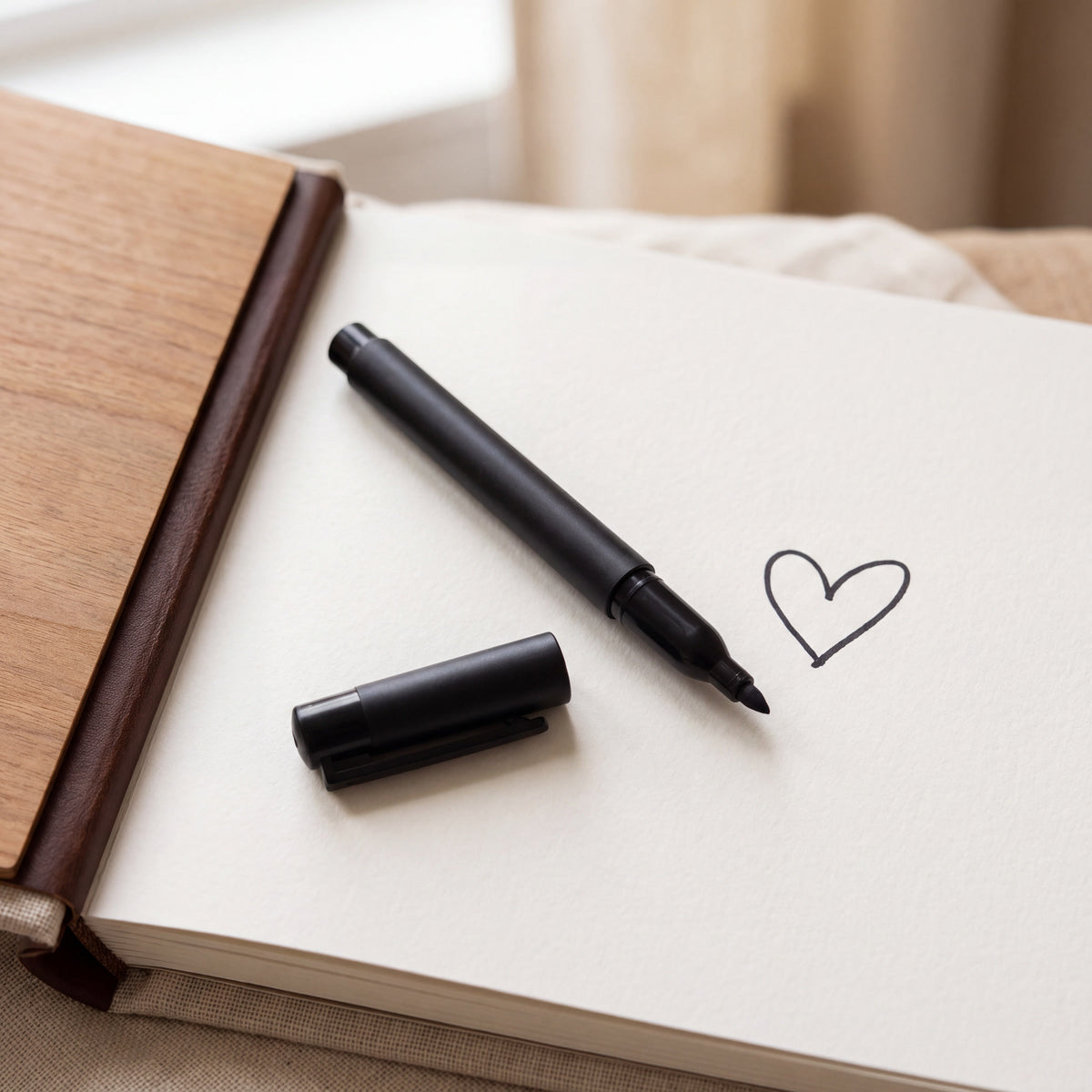 Black signing marker with a small heart drawn on white cardstock