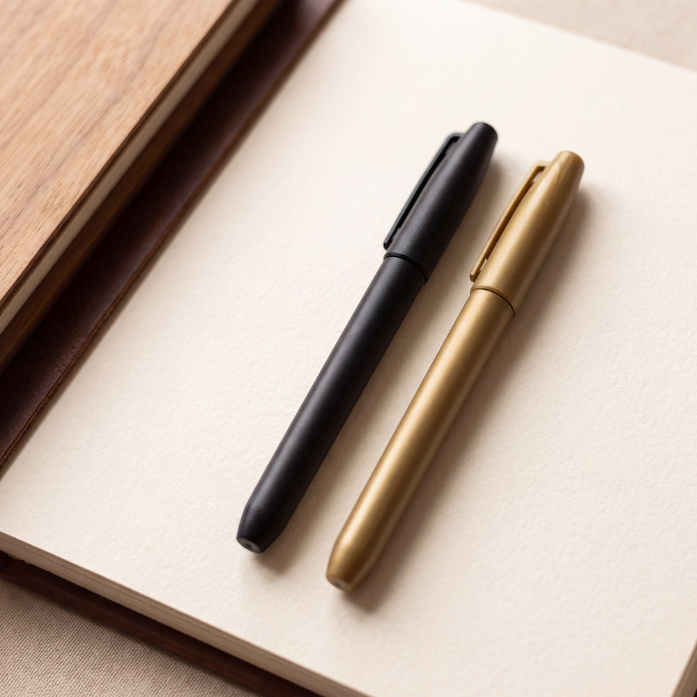 Black and gold signing markers on a cream cardstock page of a wooden photo guest book