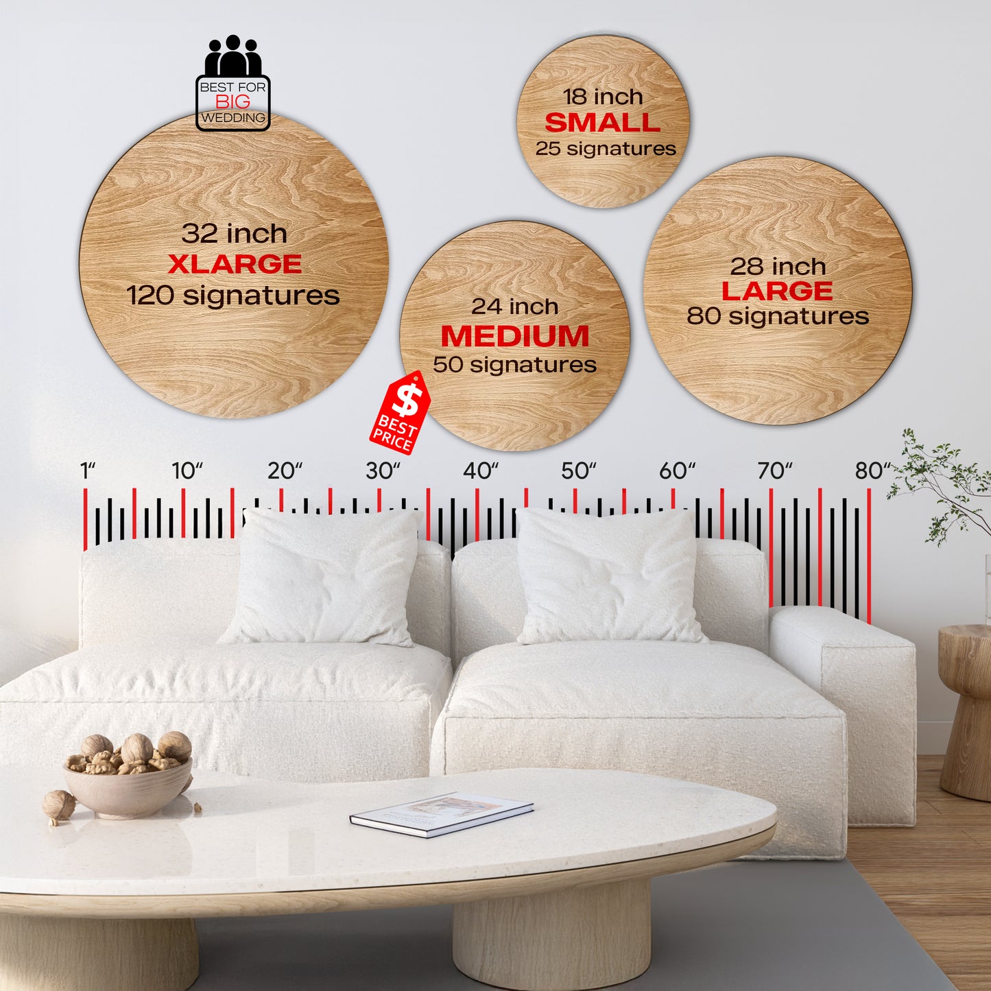 Wooden wall signs with size and signature information in a living room setting.