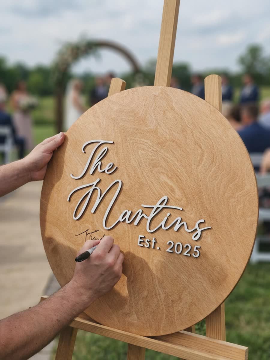 A wooden guestbook being signed at a wedding